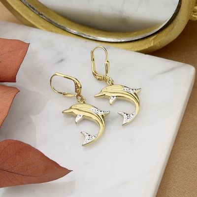 Image 2 of 8-karat bicolor dolphin earrings