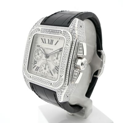 Image 2 of Cartier Santos 100 XL Chronograph 'Factory-Set' Diamonds 2891; 18k white gold watch with diamonds
