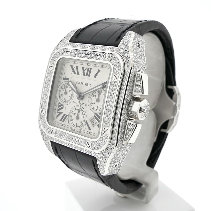Image 2 of Cartier Santos 100 XL Chronograph 'Factory-Set' Diamonds 2891; 18k white gold watch with diamonds