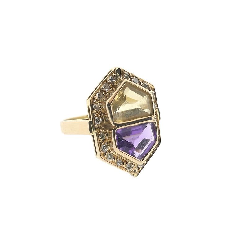 Image 3 of Vintage gold ring with citrine, amethyst and diamonds; 0.20 ct.