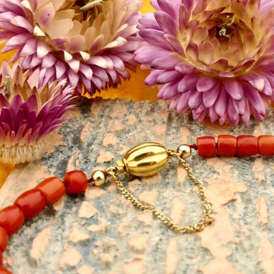 Blood Coral Bracelet with Gold Clasp Image 2 of Blood Coral Bracelet with Gold Clasp