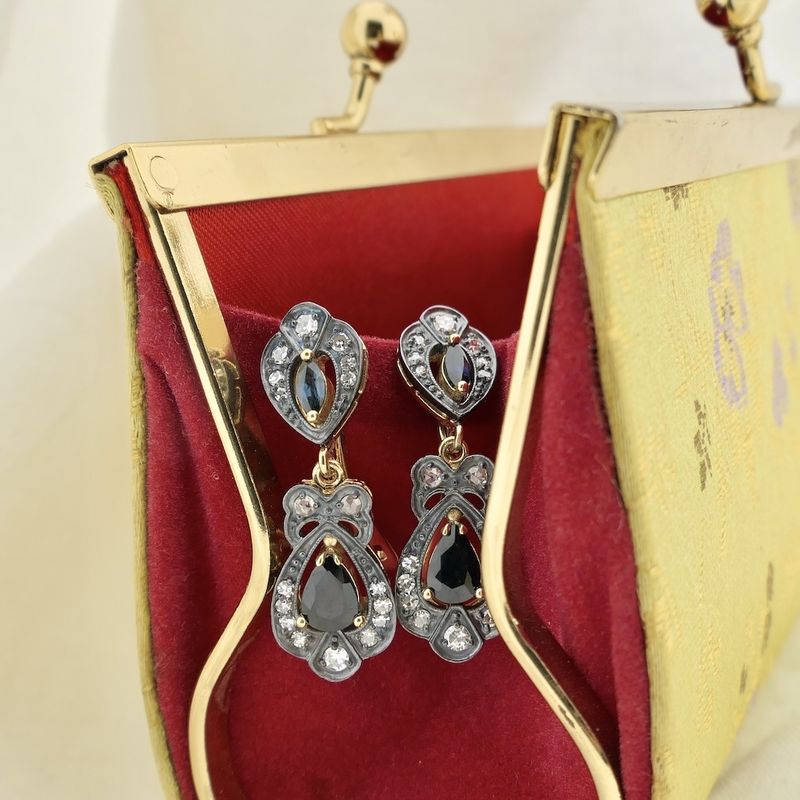 Image 6 of Gold/silver earrings with sapphire and diamond; Approx. 0.52 ct.