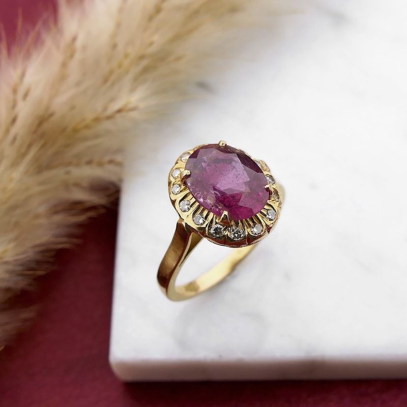 Image 2 of 18-karat gold entourage ring with pink tourmaline and diamond | 0.15 ct.