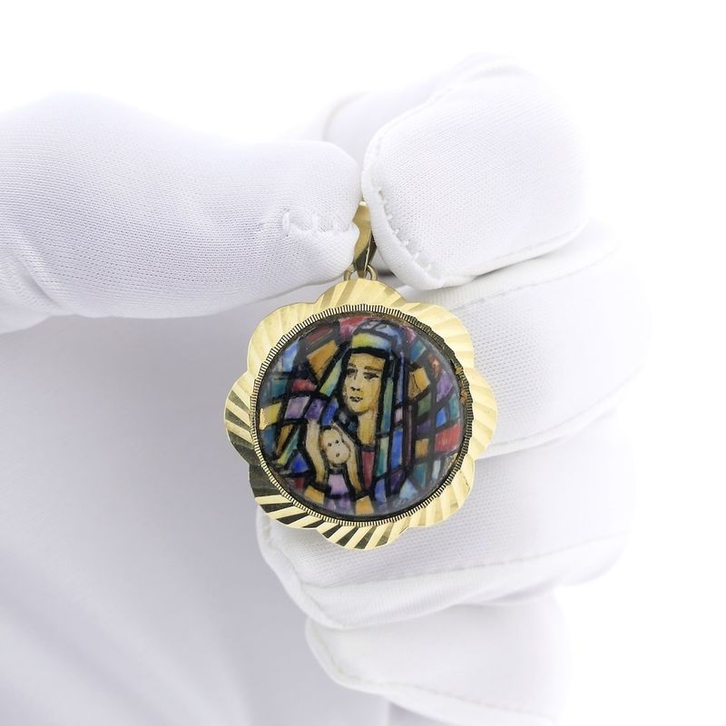 Image 9 of Gold vintage pendant of Mary and Jesus with colored enamel.