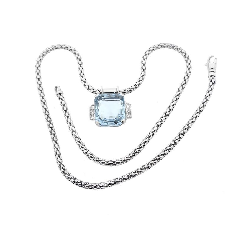 Image 13 of Fope white gold mesh link necklace with aquamarine and diamonds; 0.24 ct.