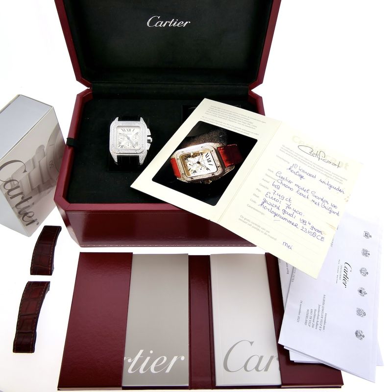 Image 24 of Cartier Santos 100 XL Chronograph 'Factory-Set' Diamonds 2891; 18k white gold watch with diamonds
