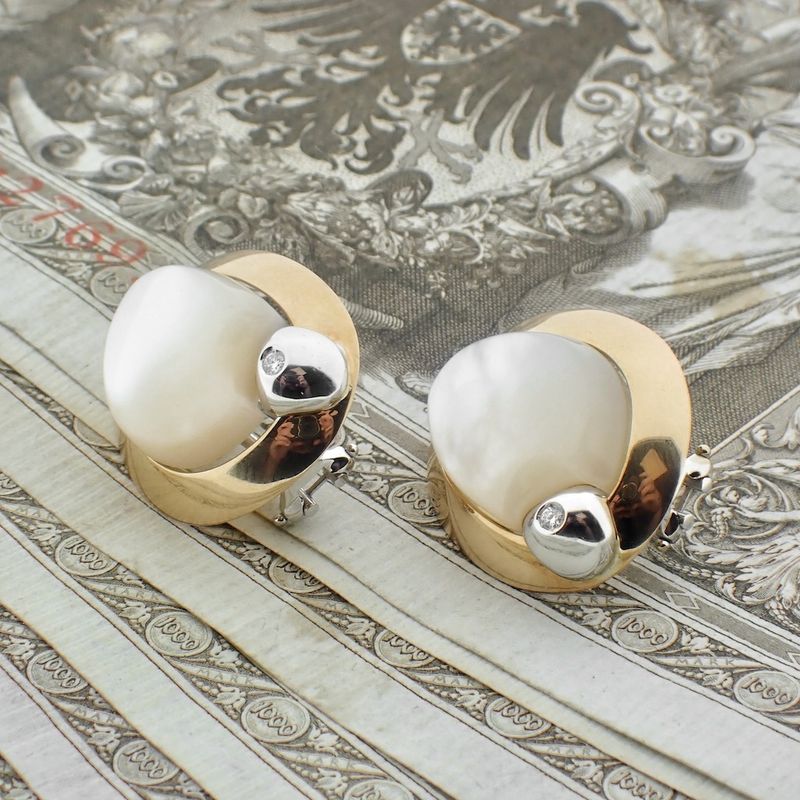 Image 2 of Talento two-tone gold earrings with mother-of-pearl and diamond; 0.04 ct.