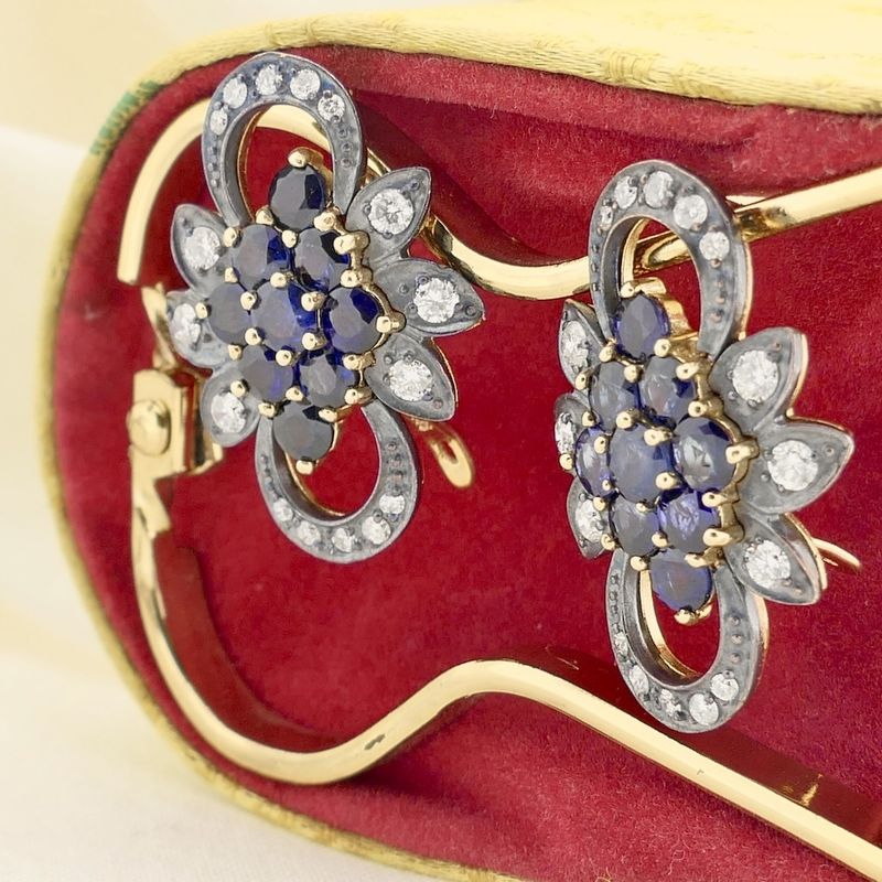 Image 9 of Gold/silver earrings with sapphire and diamond; Approx. 0.51 ct.