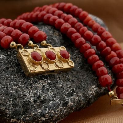 Image 2 of Antique red coral beaded bracelet with gold clasp.