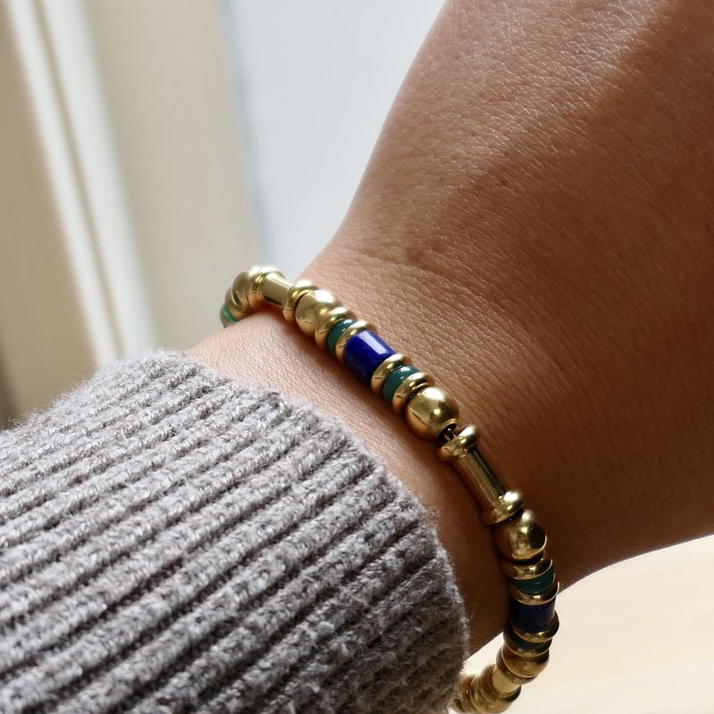 Afbeelding 7 van Gouden armband met lapis lazuli en malachiet | 19,5 cm