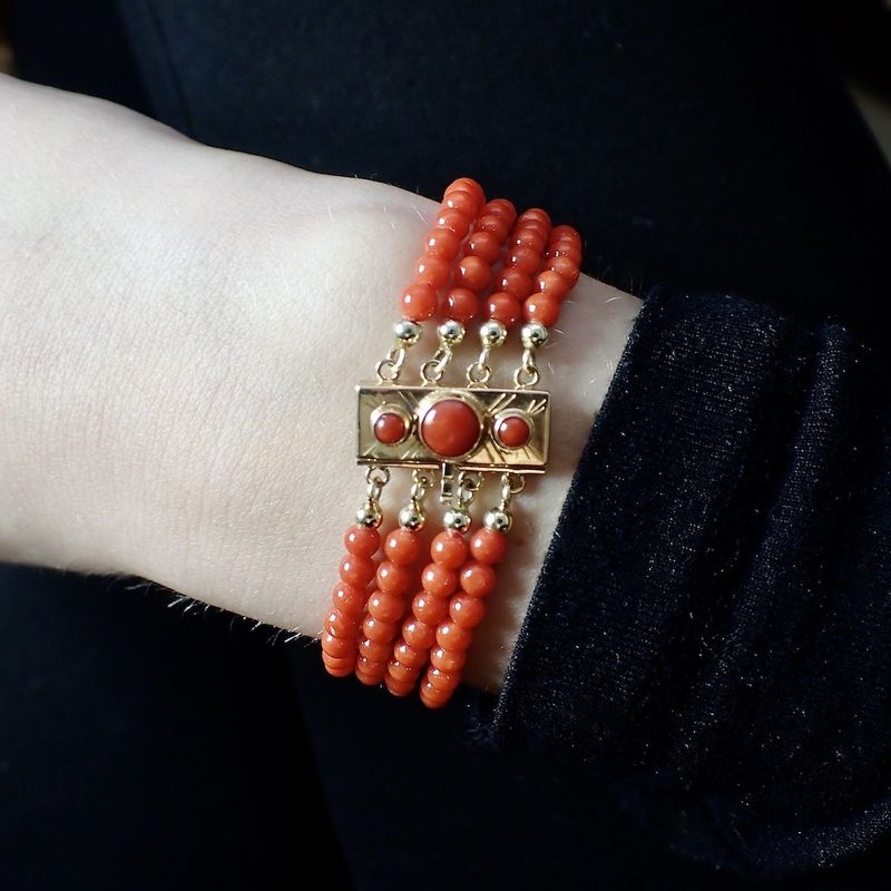 Image 6 of Antique red coral beaded bracelet with gold clasp.