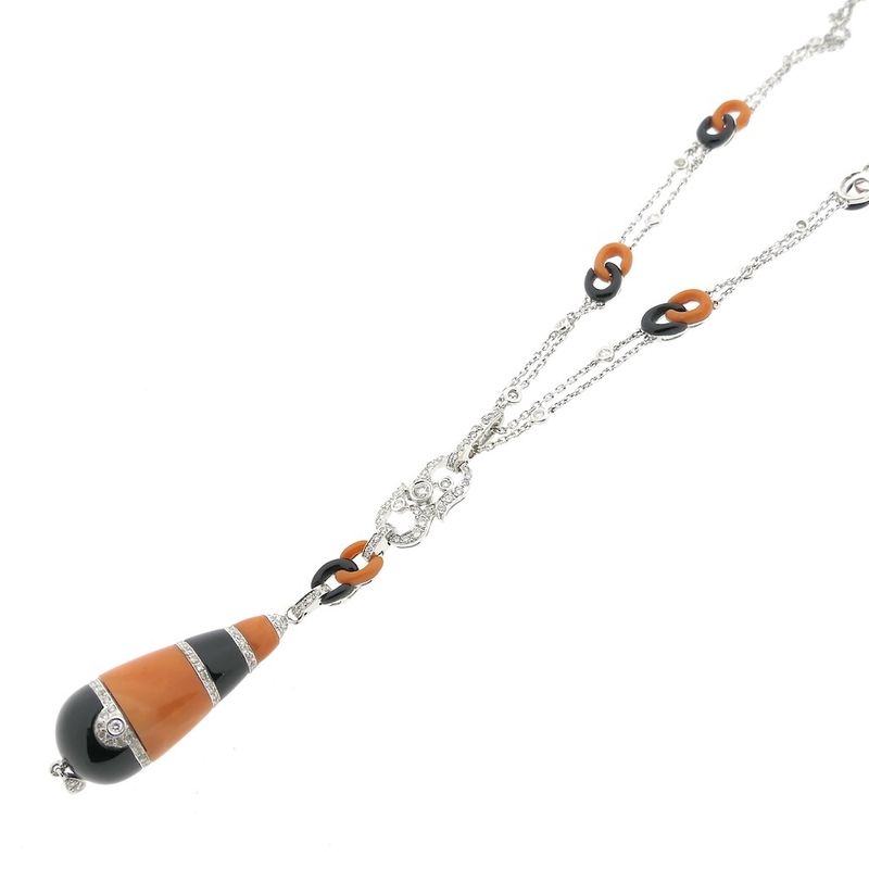 Image 6 of White gold necklace with fixed pendant with onyx, blood coral and diamond 0.74 ct.