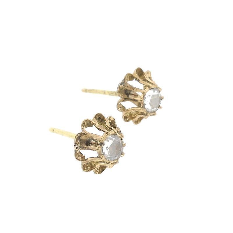 Image 7 of Gold floral stud earrings with diamond; 0.20 ct. | Vintage