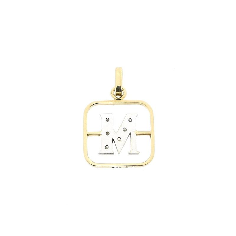 Image 5 of Two-tone gold pendant of the letter M with diamonds; 0.03 ct.