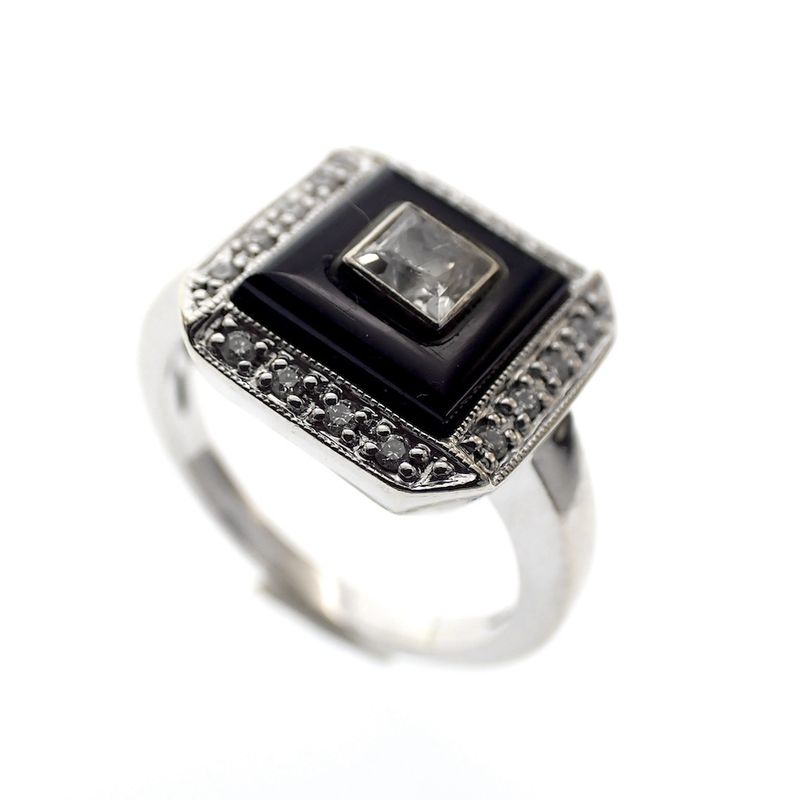 Image 1 of White gold ring with zirconia, onyx and diamonds; 0.16 ct.