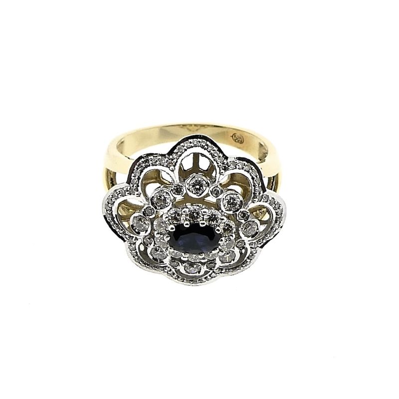 Image 2 of Gold entourage ring with sapphire and diamonds; approx. 0.51 ct.