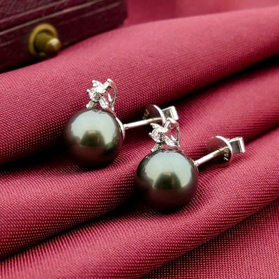 White gold earrings with Tahitian pearl and diamonds; 0.04 ct. Image 2 of White gold earrings with Tahitian pearl and diamonds; 0.04 ct.