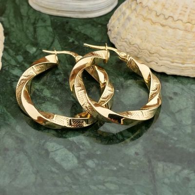 Image 2 of Gold twisted hoop earrings with Greek symbols; Ø 25.5 mm