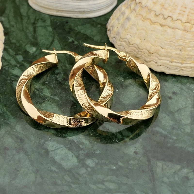 Image 2 of Gold twisted hoop earrings with Greek symbols; Ø 25.5 mm