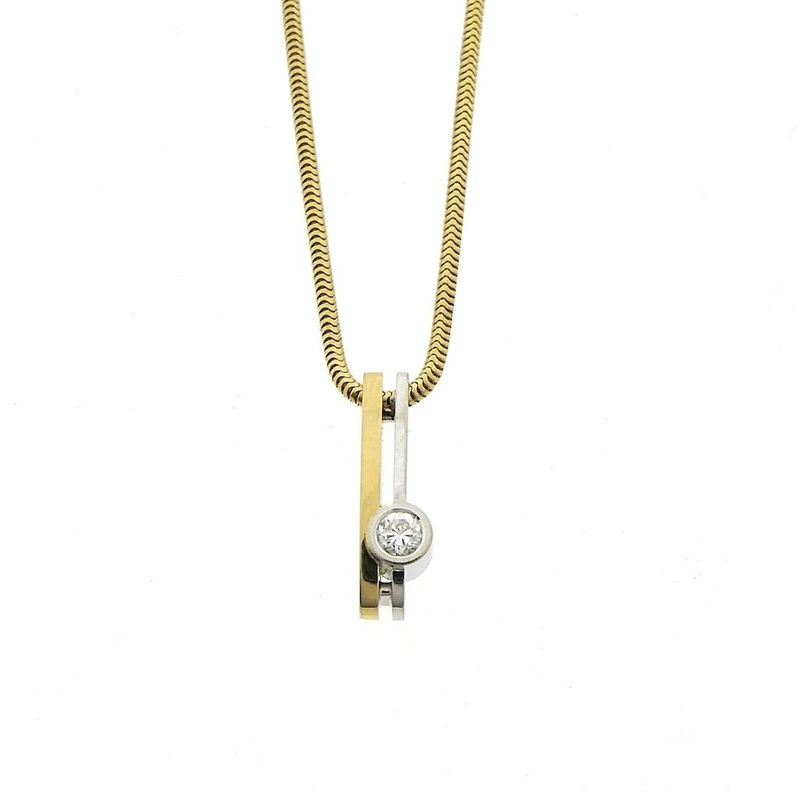 Image 4 of Two-tone gold necklace with fixed pendant and diamond; 0.10 ct.