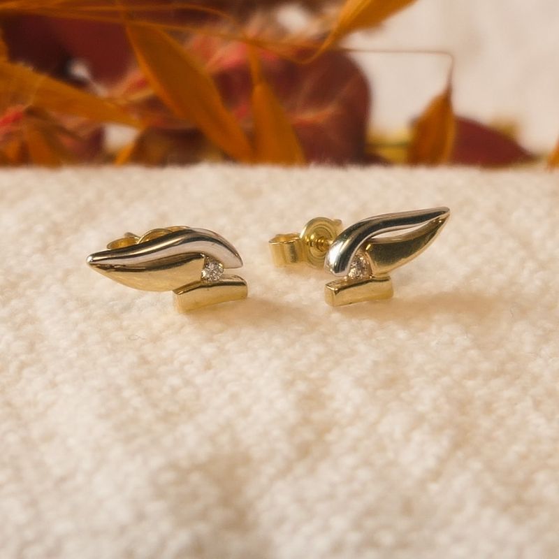 Image 7 of Bicolor gold stud earrings with diamond; 0.01 ct.