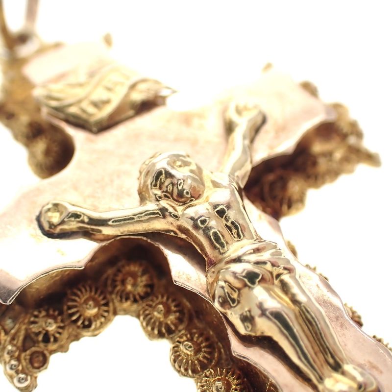 Image 5 of 19th century gold pendant of a cross with corpus INRI; Filigree