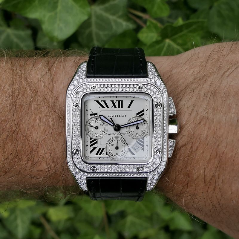 Image 35 of Cartier Santos 100 XL Chronograph 'Factory-Set' Diamonds 2891; 18k white gold watch with diamonds