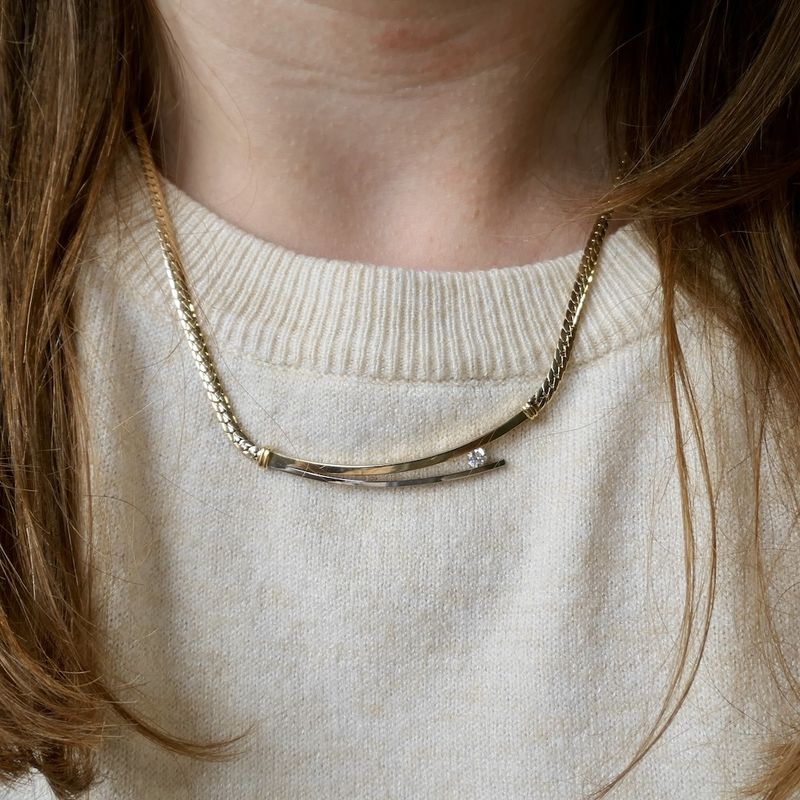 Image 8 of Two-tone gold necklace with a fixed pendant and diamond; 0.17 ct. | 45.5 cm | Le Chic