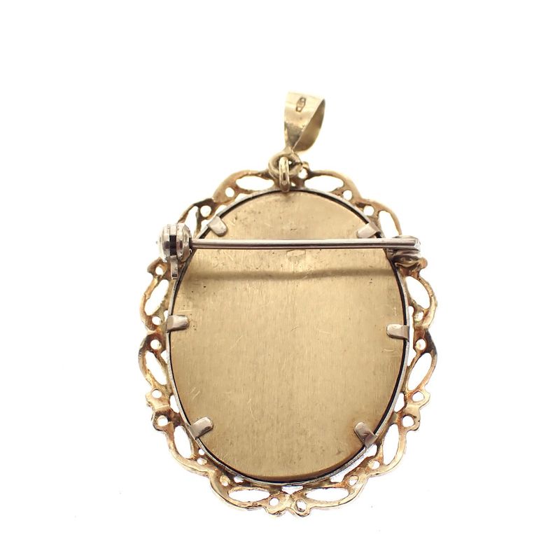 Image 6 of Vintage two-tone gold pendant/brooch with a painted portrait and diamonds; 0.015 ct.