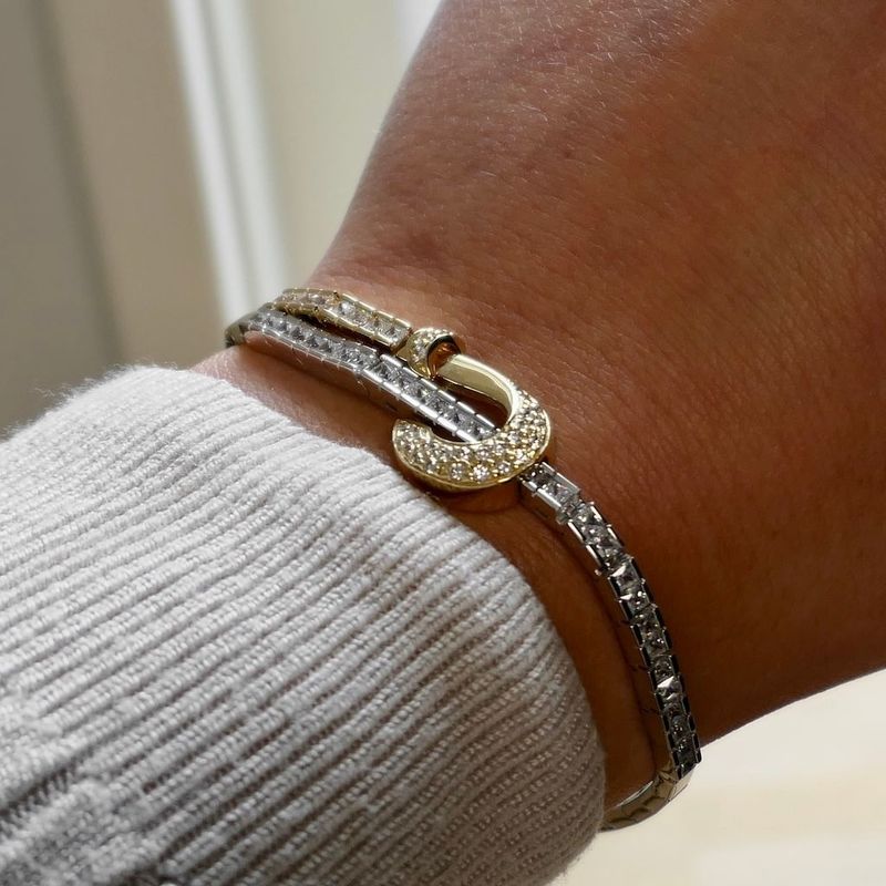Image 8 of Bicolor Gold Bar Link Bracelet with Zirconia