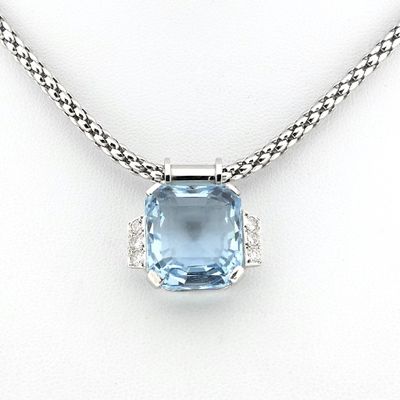 Image 2 of Fope white gold mesh link necklace with aquamarine and diamonds; 0.24 ct.