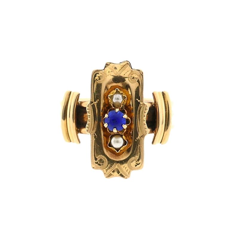 Image 3 of 18K Vintage Gold Ring with Pearl and Blue Zirconia