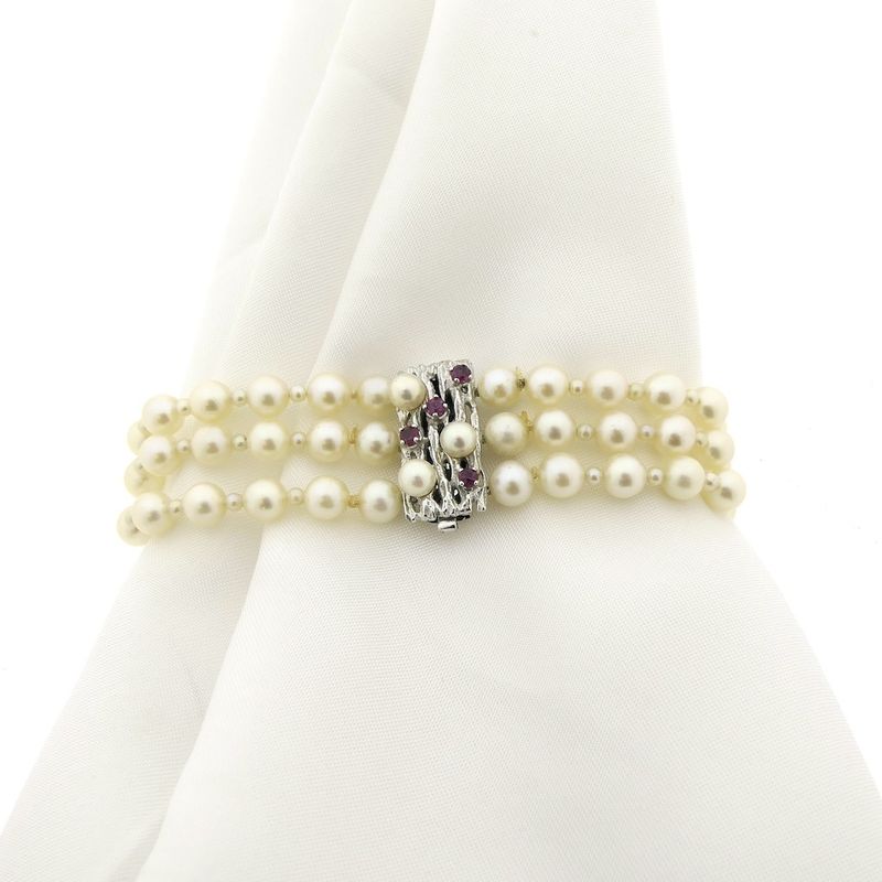 Image 1 of White gold pearl bracelet with ruby | 18 cm