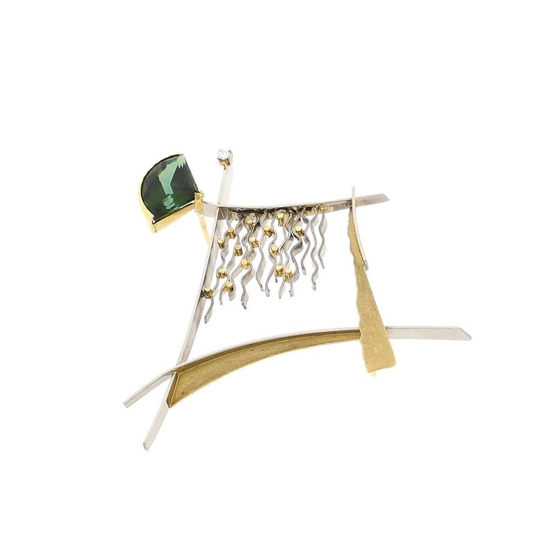 Image 8 of Bicolor Gold Brooch with Green Tourmaline and Diamond; 0.05 ct.; 14 Karat