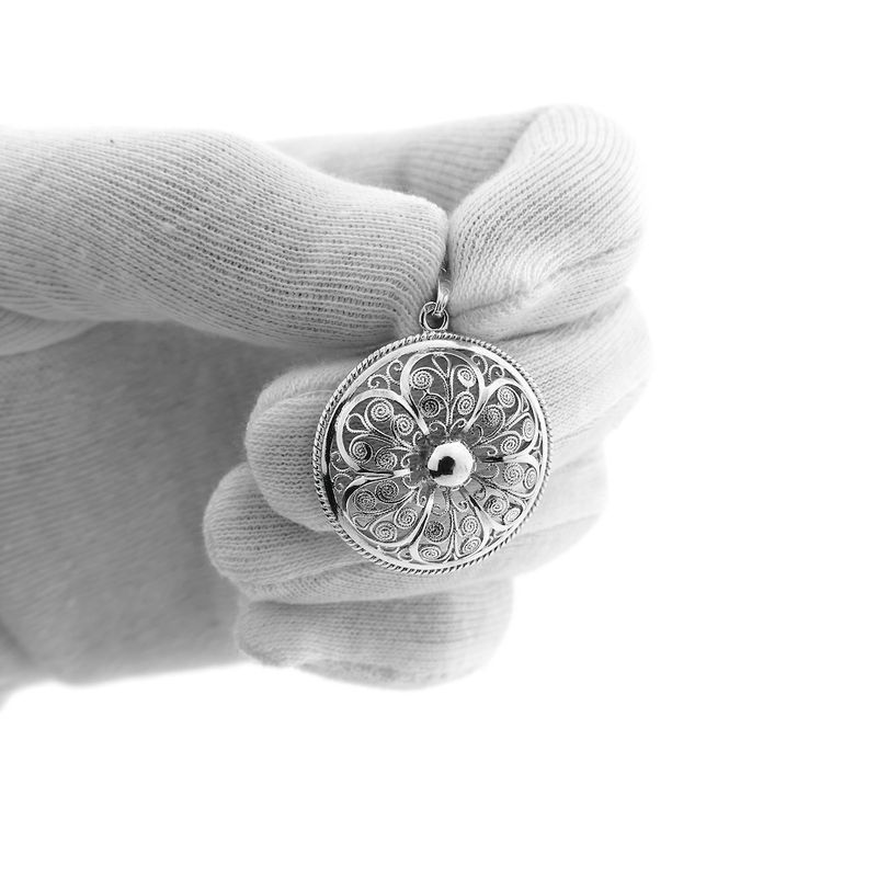 Image 11 of Antique silver floral pendant; filigree technique