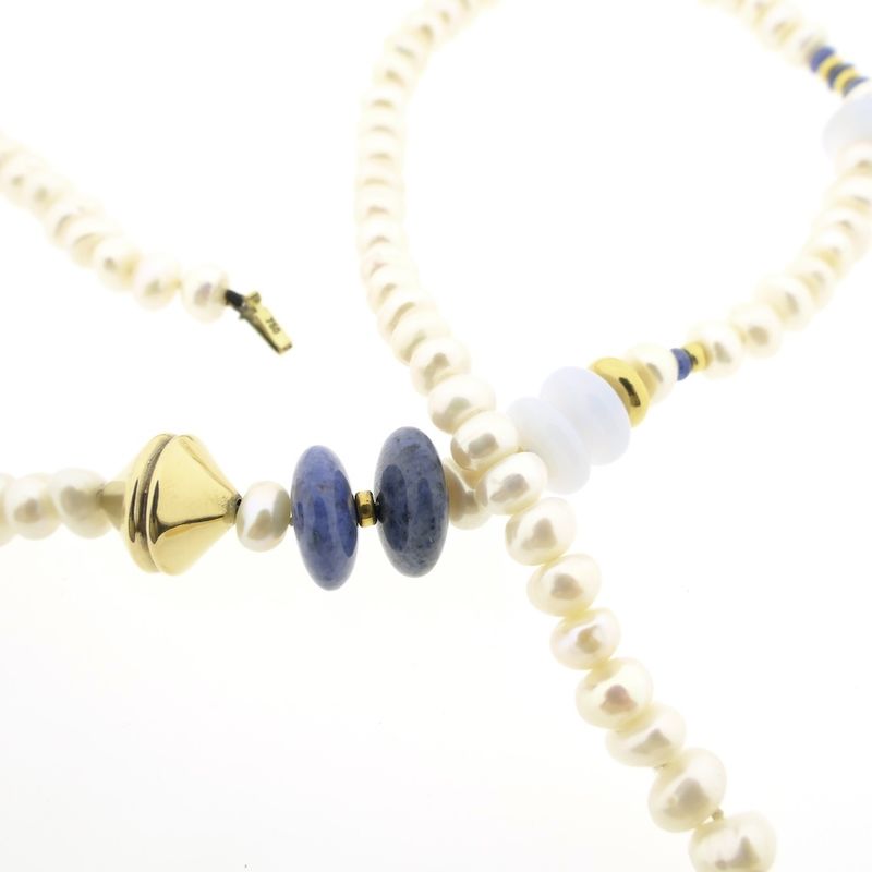 Image 6 of Gold baroque pearl necklace with chalcedony and sodalite; Schoeffel