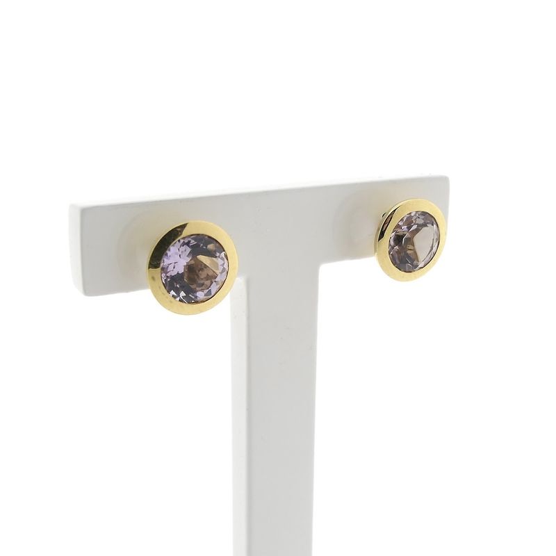 Image 3 of Gold stud earrings with lilac colored zirconia