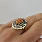 Image 7 of Gold and silver ring with blood coral, mother of pearl and diamond; 0.02 ct.