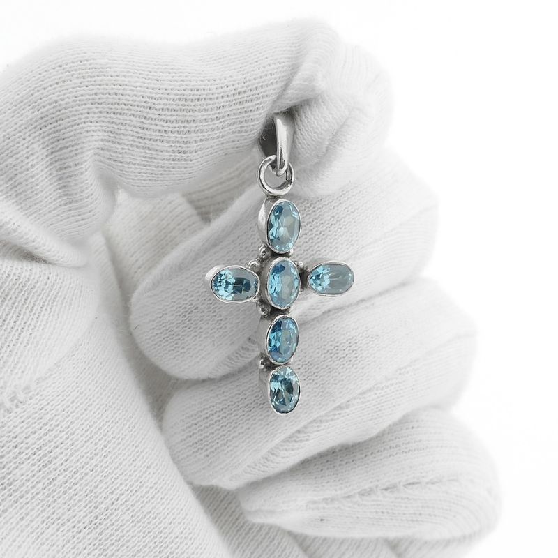 Image 7 of Silver cross pendant with light blue zirconia
