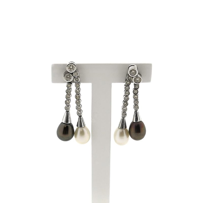 Image 1 of White gold entourage earrings with pearl and diamonds; 1.18 ct.