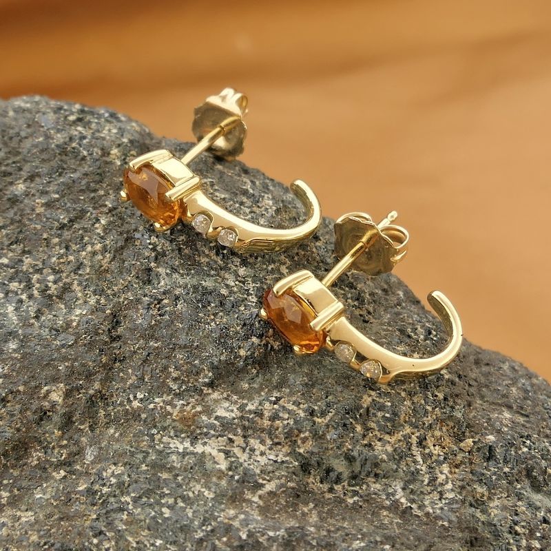 Image 2 of Gold stud earrings with citrine and diamonds; 0.08 ct.