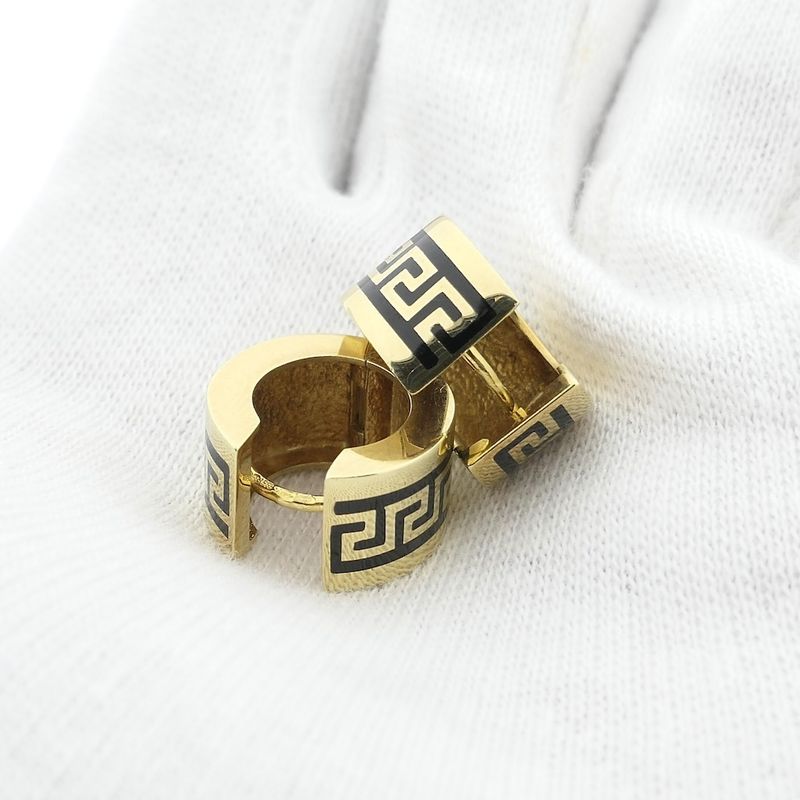 Image 12 of Gold hinged hoop earrings with a meandering pattern in black enamel; Ø 15.2 mm