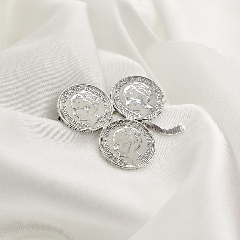 Image 6 of Silver brooch Wilhelmina coins | Three-leaf clover