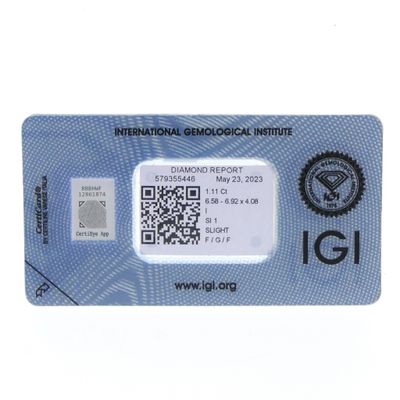 1.11 ct. Brilliant cut natural diamond; Color I Quality; SI1 + IGI Certificate Image 2 of 1.11 ct. Brilliant cut natural diamond; Color I Quality; SI1 + IGI Certificate