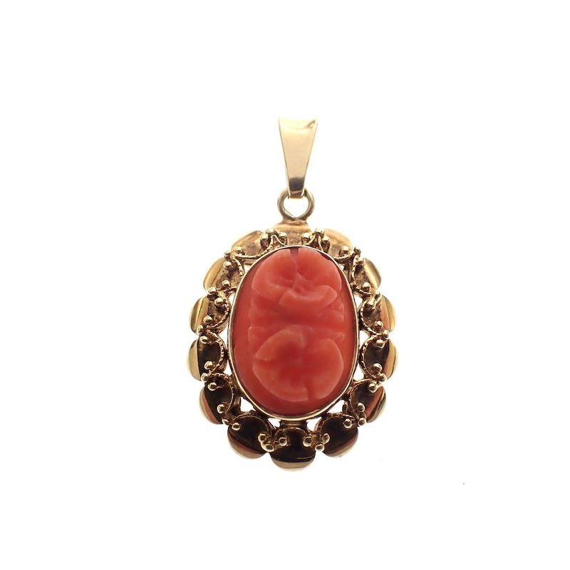 Image 1 of Vintage gold pendant with floral red coral