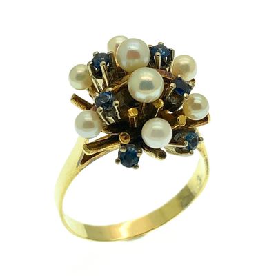 Image 1 of Gold cocktail ring with sapphire and freshwater pearl