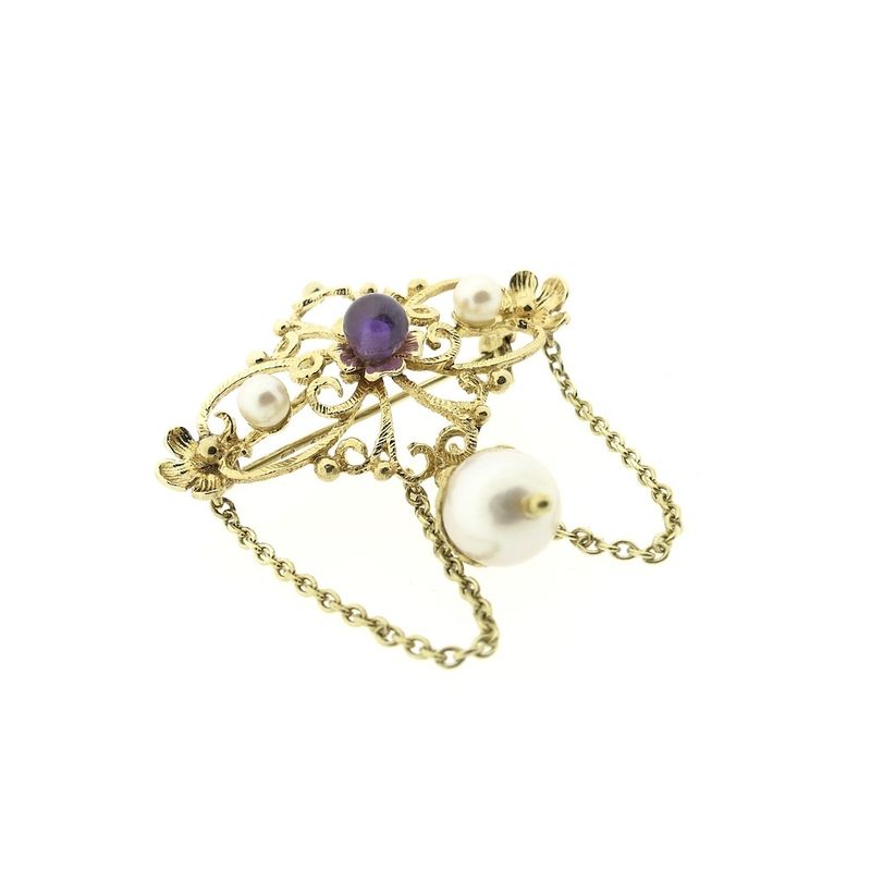 Image 3 of Gold brooch with pearls and purple glass bead