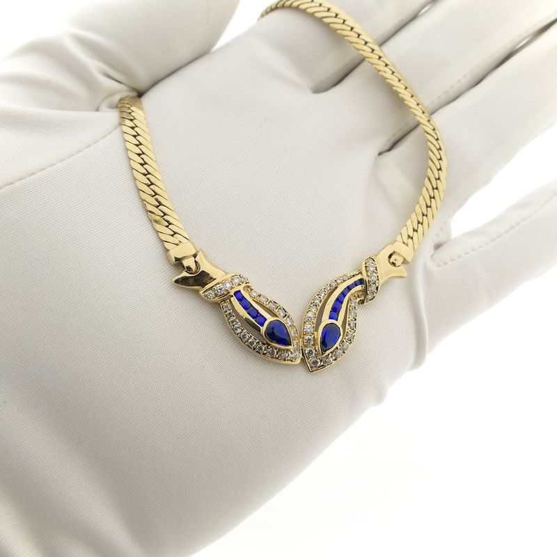 Image 9 of Gold flat gourmet link necklace with synthetic sapphire and zirconia
