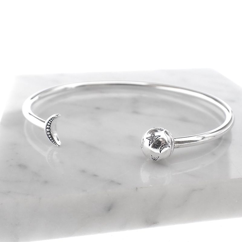 Image 2 of Pandora Moments Open Bangle; Silver; Moon and Stars | Ø 65mm