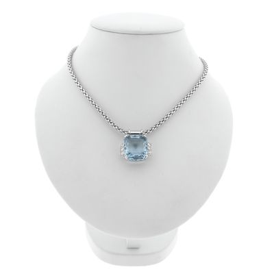 Image 1 of Fope white gold mesh link necklace with aquamarine and diamonds; 0.24 ct.